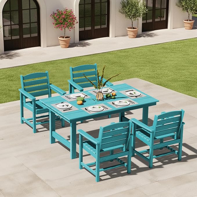 KINGYES 5 Piece Patio Dining Set for 4, HDPE Outdoor Table and Chairs Set with Umbrella Hole, Aruba Blue