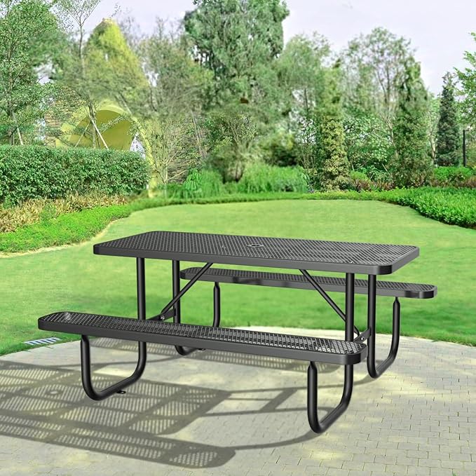 6FT Rectangular Outdoor Picnic Table with Attached Benches, Heavy-Duty Expanded Metal Mesh Patio Table, Commercial-Grade Outdoor Seating for Park, Backyard, Deck, Lawn, Black