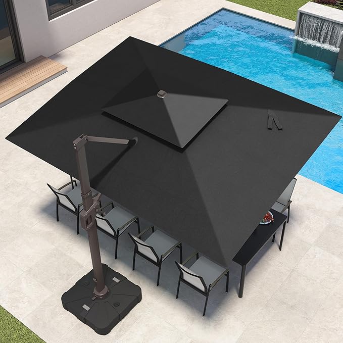 9x12 FT Patio Umbrella with LED Lights Cantilever Outdoor Large Heavy Duty Rectangle Aluminum Offset Umbrellas Double Top 360 Rotation 7 Tilt Adjustment for Pool Deck Garden, Black