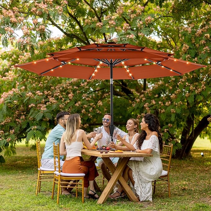 HOMSHADE 9FT 3-Tier Solar Patio Umbrella Heavy Duty,Vented Market Table Umbrella Windproof w/32 LED Lights,UPF50+,5-Year Fade Resistant,8 Thicker Ribs for Pool,Lawn,Garden,Deck (Orange,No Base)