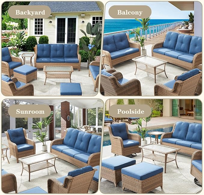 Belord Outdoor Coffee Table for Patio - 40 Inch Rattan Patio Coffee Table with 2-Layer Storage, Rectangular Tempered Glass Outdoor Wicker Table for Porch Balcony Deck Yellow