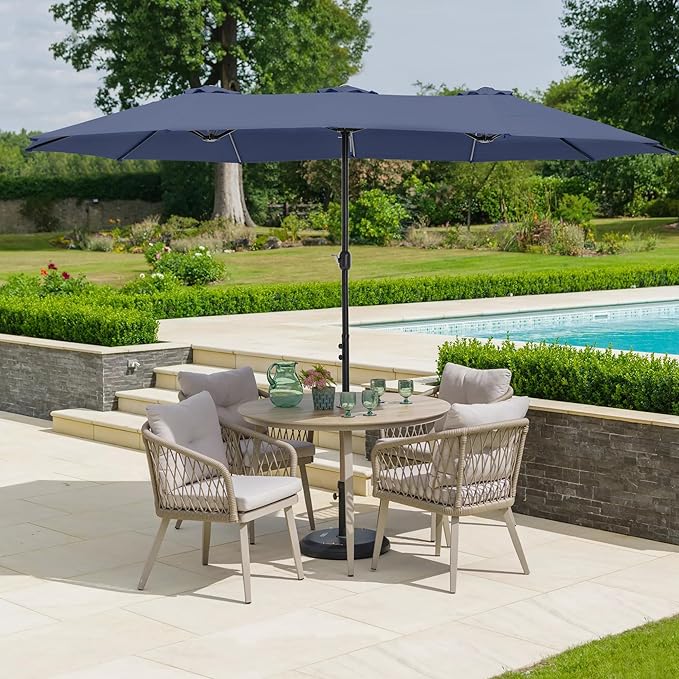 HERA'S PALACE Umbrella Patio Outdoor with Base 15ft Rectangle Table Double Market Umbrellas Clearance Large Heavy Duty Included Stand for Deck Outside Pool Picnic Inground Yard Commercial, Navy Blue