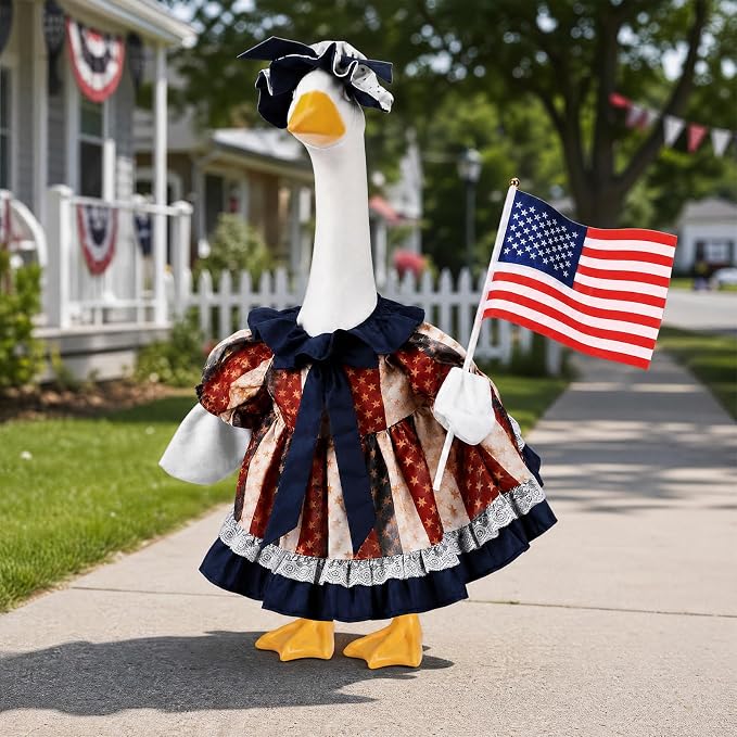 Outus Retro 4th of July Porch Goose Outfit Includes Independence Day Dresses Clothes Hat and American Flag 23 Inch Patriotic Goose Porch Clothing for 250th Anniversary Garden Yard Decoration