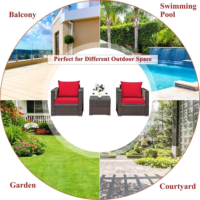 Tangkula 3 Pieces Patio Furniture Set, Outdoor Conversation Rattan Furniture Set w/Washable Cushion and Tempered Glass Tabletop, PE Rattan Wicker Sofa Set for Garden Poolside Balcony