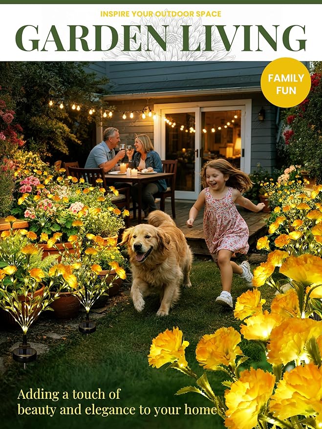 GIGALUMI Solar Lights Outdoor for Garden Decor, 4 Pack Solar Flower Lights Waterproof, 2 Lighting Modes 28 Carnations for Pathway,Yard, Patio Decoration, Gardening Gifts for Women (Yellow)