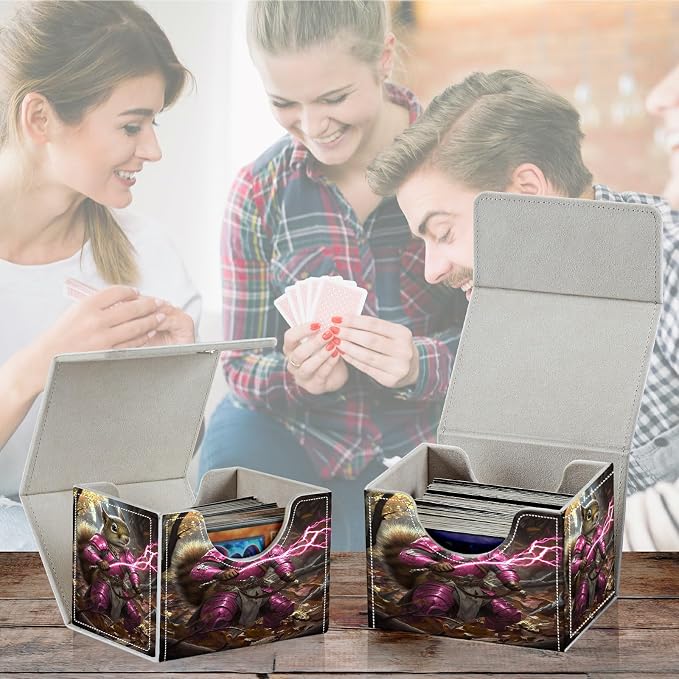 Card Deck Box for MTG, Cards Storage Box Fits 120+ Sleeved, Leather Small Size Strong Magnetic Closing Card Case for Board Games Magic TCG CCG Baseball Collection, Purple Lightning Squirrel