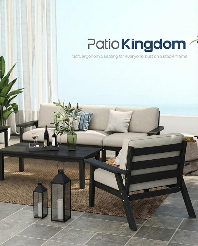7 Piece Patio Furniture Set, HDPE Outdoor Sectional with Beige Washable Thick Cushions, Coffee Table & Side Table, Patio Conversation Sets for Lawn, Garden, Porch, Balcony (Black Frame)