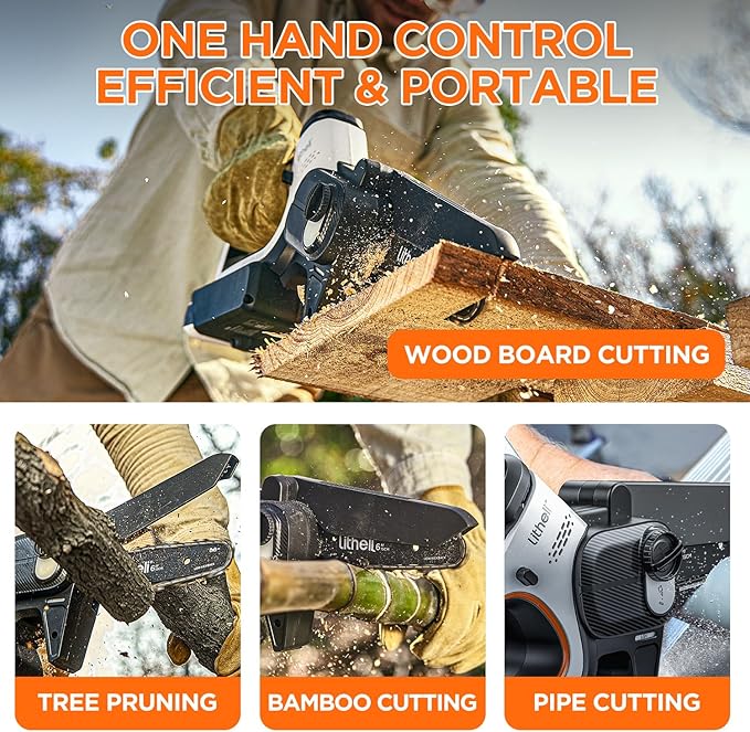 Litheli 20V Mini Chainsaw 6 inch Brushless Handheld Chainsaw Cordless with 2.0Ah Battery & Cable, 450W 24.6ft/s Fast Cut, Auto-Oiling Small Electric Chain Saw for Wood Cutting, Yard, Garden Gift