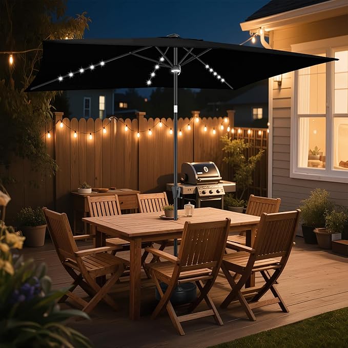 FLAME&SHADE 6.5 x 10 ft Rectangular Solar Powered Outdoor Market Patio Table Umbrella with LED Lights and Tilt, Black