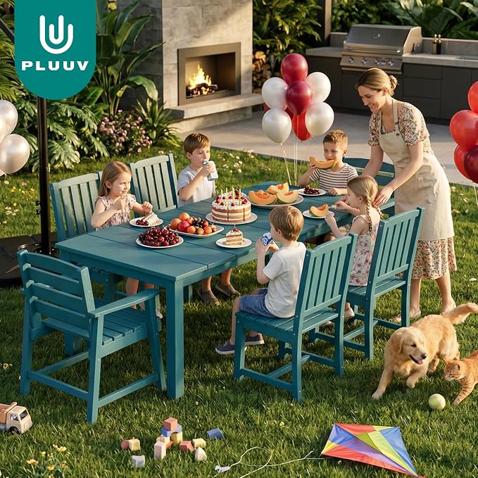 PLUUV 7-Piece Outdoor Patio Dining Set, All-Weather HDPE Dining Furniture Set with Umbrella Hole Cut-Out Table, Aluminum Table Legs, 6 Chairs, Waterproof & Easy Clean for Backyard, Garden, Navy Blue