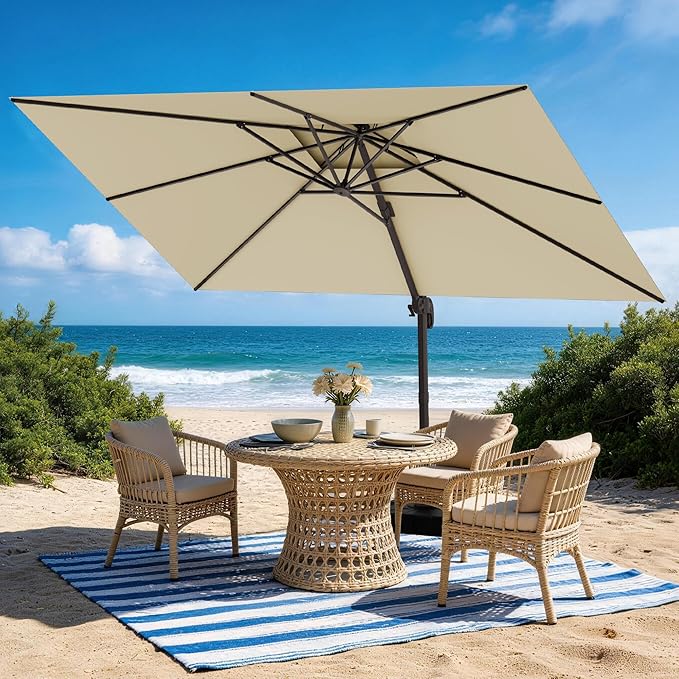 HASLE OUTFITTERS 9x12 FT Patio Cantilever Umbrella with Base, Outdoor Offset Large Rectangular Heavy Duty Double Top Umbrellas with 360° Rotation for Pool Garden Deck,Beige
