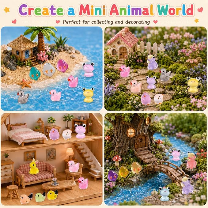 110 Pack Mini Animals Tiny Animal Figurines Bulk for Miniature Glow in Night Dollhouse Decor Accessories Garden Aquarium Potted Ornament Party DIY Charms Office Classroom Activity to Hide