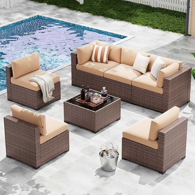 LazySunsets 7-Piece Patio Furniture Set, Wicker Rattan Outdoor Furniture with Thick Cushions, Patio Conversation Sets with Coffee Table, Outdoor Sectional Couch Sofa, Beige