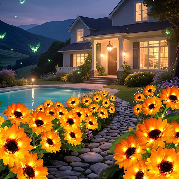 Solar Garden Lights 4 Pack 24 Solar Sunflower Lights, Gifts for Mom Women Grandma Mothers Day Birthday, Waterproof Solar Flower Light for Outdoor Decoration, Decorative Stakes for Yard,Landscape,Patio