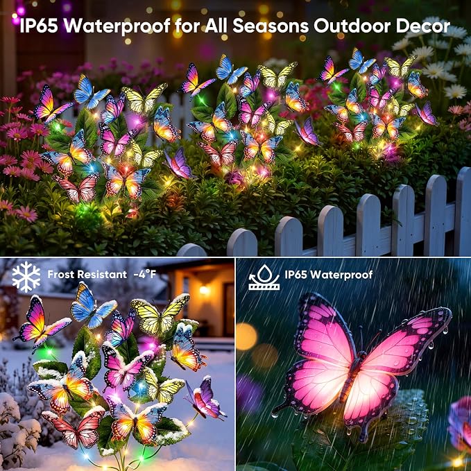 Solar Lights Outdoor Garden Decor: 6 Pack 102 Silk Butterflies with 132 Color-Changing LEDs - Auto On/Off 12H Magical Lighting IP65 Waterproof for Yard Patio Pathway - Unique Gifts for Mom Grandma