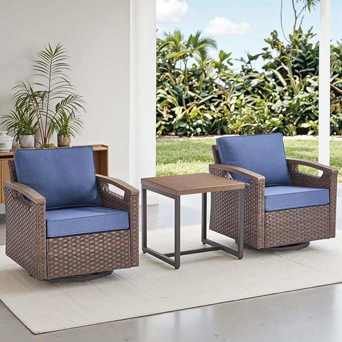 Rilyson Outdoor Patio Swivel Rocking Chairs Set of 2, Patio Bistro Set with All Weather Wicker, Metal Armrest, Deep Seating, Thick Cushions, Side Table, Ideal for Deck Porch Backyard, Brown/Blue
