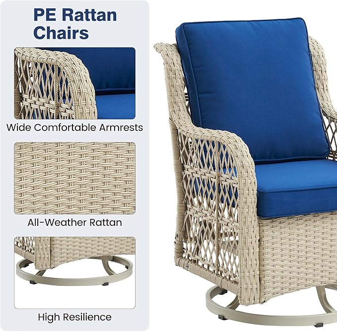 GarveeHome 3 Piece Outdoor Patio Set, Wicker Rocking Bistro Set with 2 Swivel Chairs & Tempered Glass Top Table, Rattan Outdoor Furniture with Cushions for Patio Porch Backyard