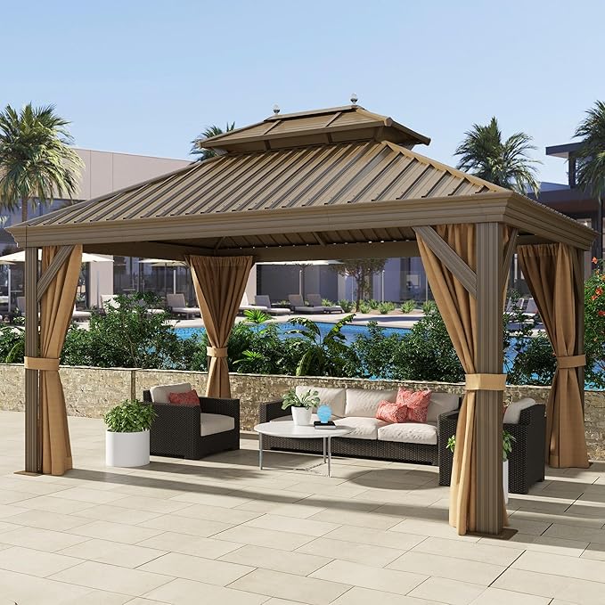 DWVO 12x14 ft Hardtop Gazebo Outdoor Heavy Duty Aluminum Gazebo with Nettings and Curtains, Combined of Horizontal and Vertical Stripes Roof for Patio, Backyard, Deck, Lawns and Balcony, Bronze