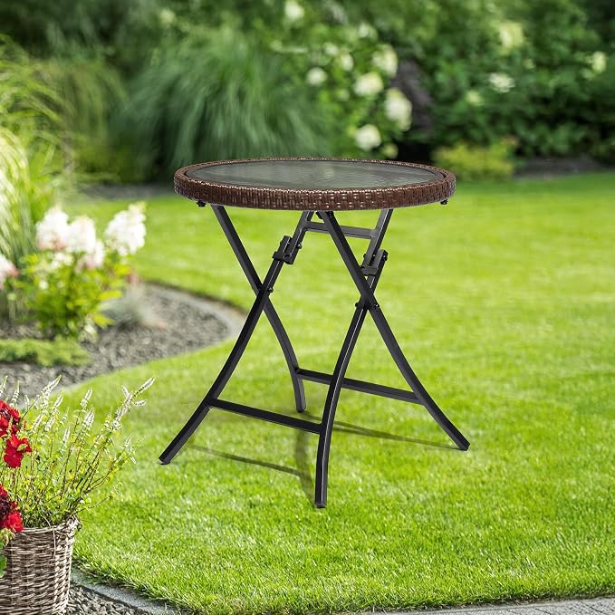 Round Rattan Folding Patio Side Tables with Tempered Glass Table Top, Portable & Lightweight Compact Foldable Wicker End Table Coffee Table for Poolside Lawn Garden Balcony