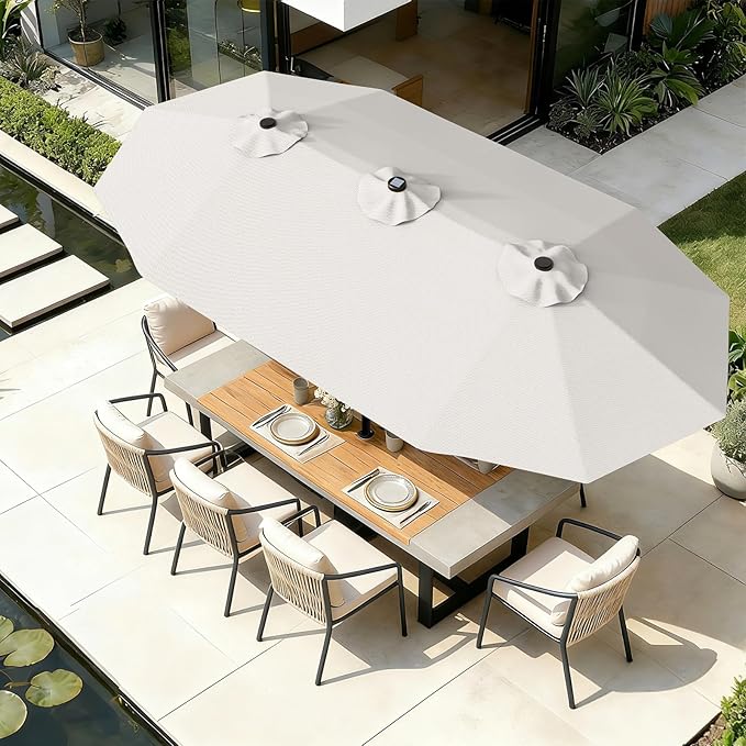 AreShark 15FT Patio Umbrella with Solar Lights, Double Sided Outdoor Table Umbrellas with Crank, Large Rectangular Market Umbrella for Porch, Lawn, Pool, Backyard, Cream-White