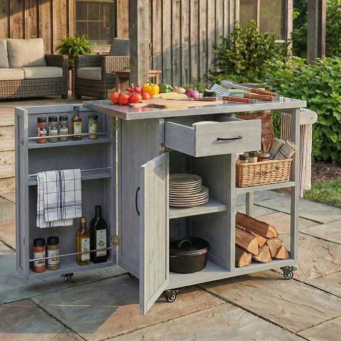 Outdoor Storage Deck Box and Kitchen Prep Station, Fir Wood Patio Storage Cabinet with Stainless Steel Top, Mobile Grill Cart with Lockable Wheels and Spice Rack for Backyard, 40.5 Inch, Grey