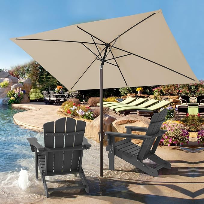 JEAREY 6.5x10ft Olefin Rectangular Patio Umbrella, Rectangle Outdoor Umbrellas with Auto Tilt Crank System, Market Table Umbrella UV Protection Fade-Resistant for Pool Deck Garden Yard, Beige