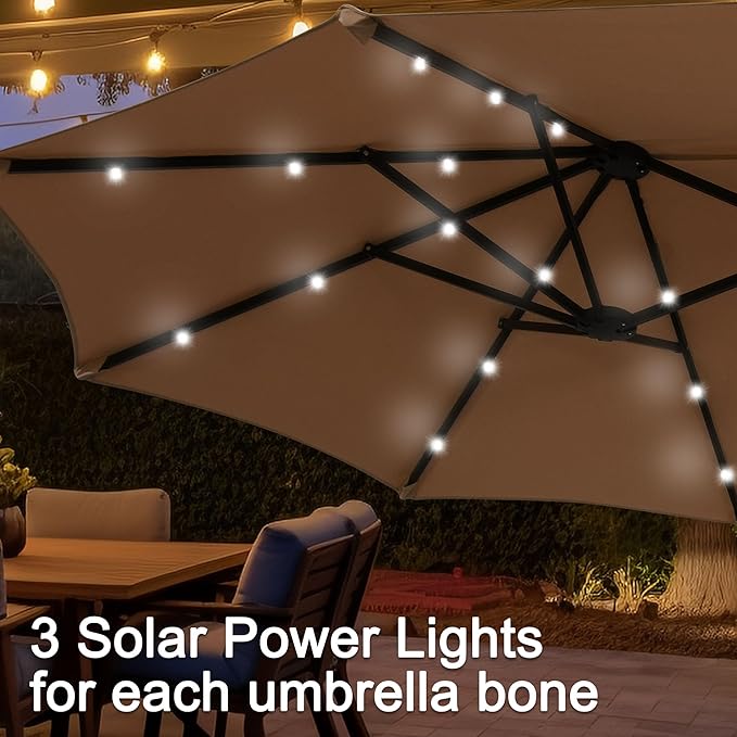 13 ft Patio Umbrella with 36 LED Lights, Large Rectangle Outdoor Solar Umbrella with Matching Base, Strap, Crank, Coffee