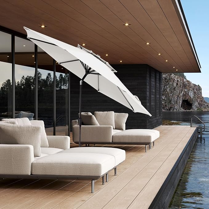 JEAREY 9' 2-Tiers Patio Umbrellas Outdoor Table Market Umbrella w/Push Button Tilt/Crank, 8 Sturdy Ribs, UV Protection Waterproof Sunproof(Cream White)