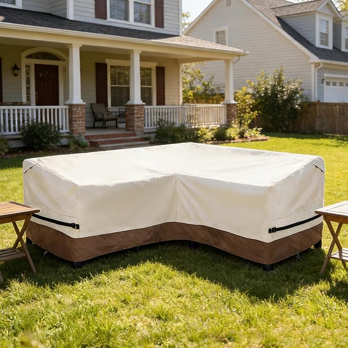 okcool Outdoor Sectional Sofa Cover Waterproof-V-Shaped Patio Furniture Covers for 7-Seater Outdoor Sectional Furniture Couch(105''X105''),Beige & Brown