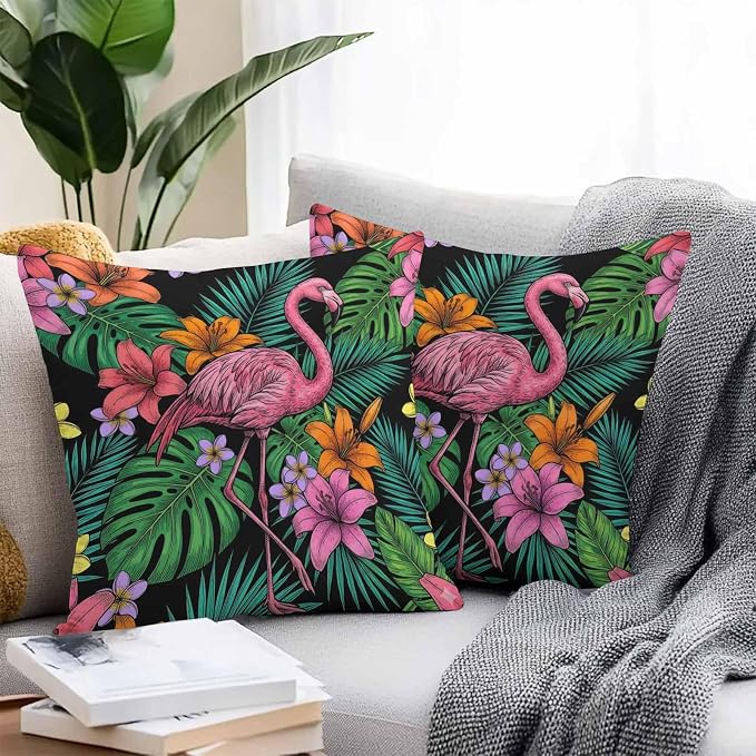 Pink Flamingo Outdoor Pillow Covers 16"x16" Set of 2, Summer Tropical Jungle Hibiscus Flower Vintage Waterproof Throw Pillow Covers for Patio Furniture, Decorative Cushion Covers for Porch