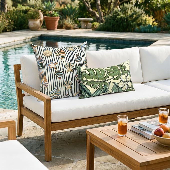 Outdoor Pack of 2 Patio Throw Pillow Covers ONLY 20x20 Inch, Water Repellent Cushion Cases, Square Pillowcases for Couch Decoration, Crayon Shells