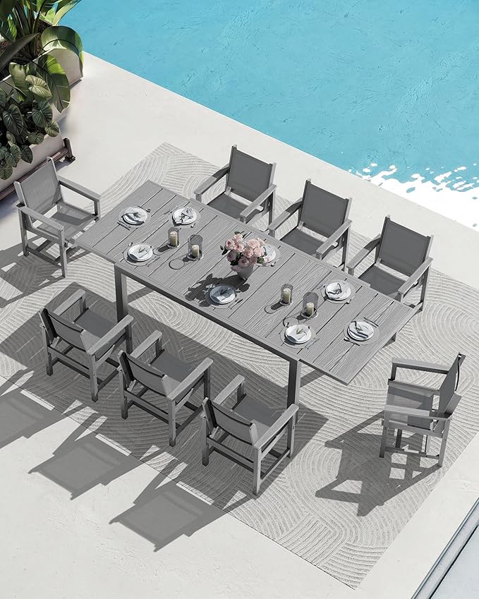 SERWALL 9-Piece Outdoor Dining Set, 60" - 83" Expandable Patio Dining Table with 8 Breathable Textilene Chairs, All Weather HDPE Patio Furniture Set, Grey