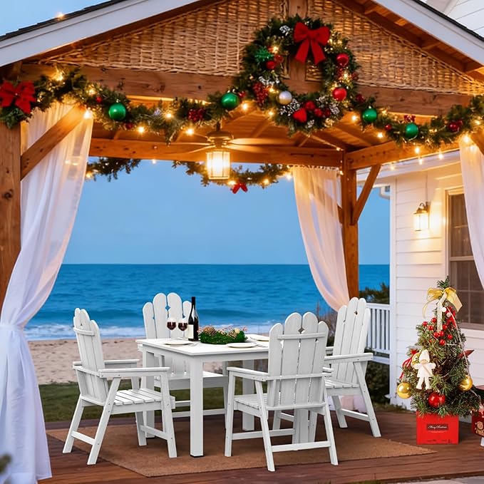 5-Piece Patio Dining Set, Outdoor Dining Set for 4, HDPE All-Weather Outdoor Furniture with 35.43” Umbrella Hole Table, 4 Armchairs, White