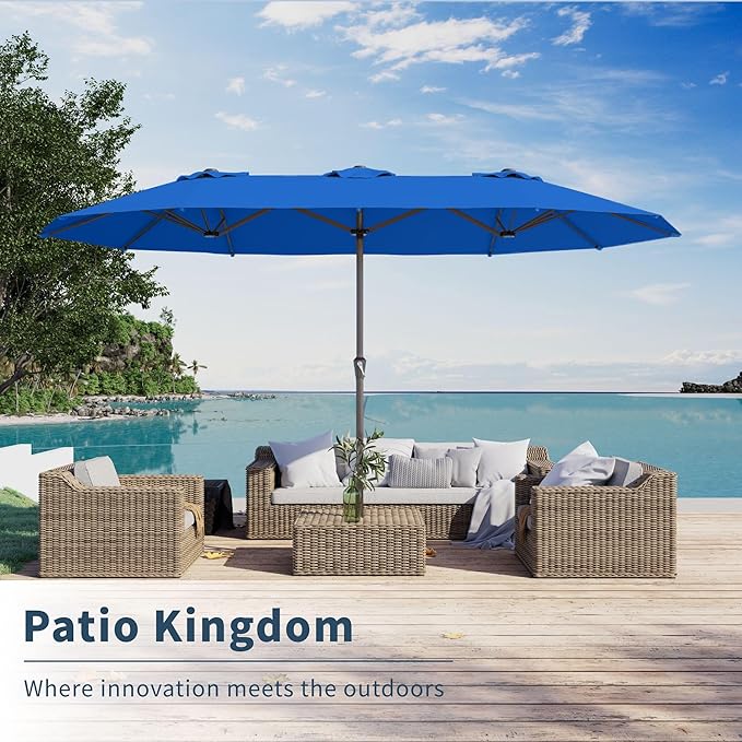 PatioKingdom 15FT Large Patio Umbrella with Base, Double Sided Rectangular Outdoor Umbrella with Sturdy Fiberglass Ribs, Market Umbrella for Pool,Garden,Backyard,Deck (Royal blue, 15FT)
