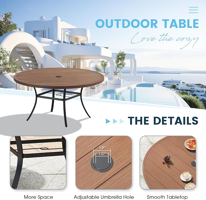 9 Pieces Outdoor Patio Dining Table Set, 60" All Weather Round Metal Table with Umbrella Hole and 8 High Back Textilene Swivel Chairs for Garden, Lawn, Poolside, Walnut Table & Brown Chairs