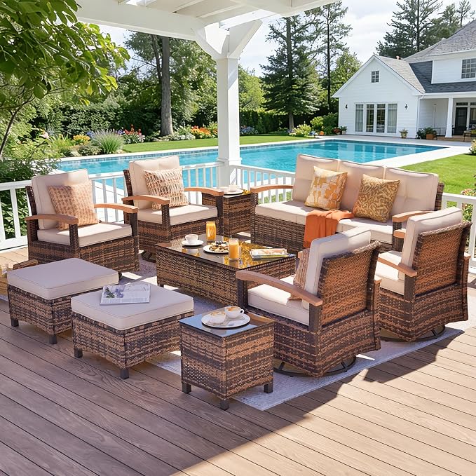 MEISSALIVVE 10 Pieces Patio Furniture Sets,Wicker Patio Conversation Sets with 4 Wood Armrests Swivel Glide Chairs, 2 Ottoman, 3-seat Sofa and Coffee Table (Beige)