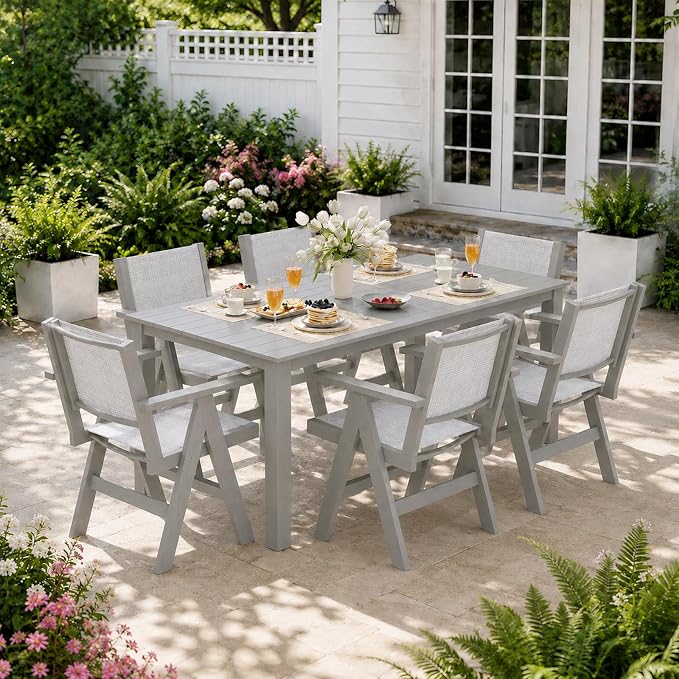 Outdoor Dining Table Set, 7 Piece HDPE Patio Set with Aluminum Dining Table & 4 Textilene Chairs, 69" Outdoor Table with Umbrella Hole for Deck, Lawn, Light Grey