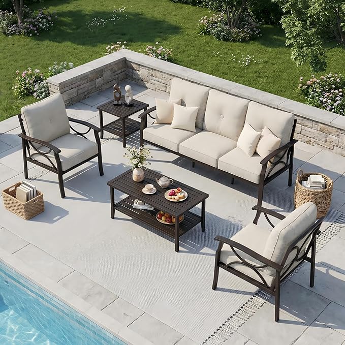 RoyalCraft 5-Pieces Outdoor Patio Furniture Set, Outdoor Metal Sectional Furniture with Cushions, Outdoor Conversation Seating Set with Coffee Table for Balcony, Backyard, Garden, Deck, Beige
