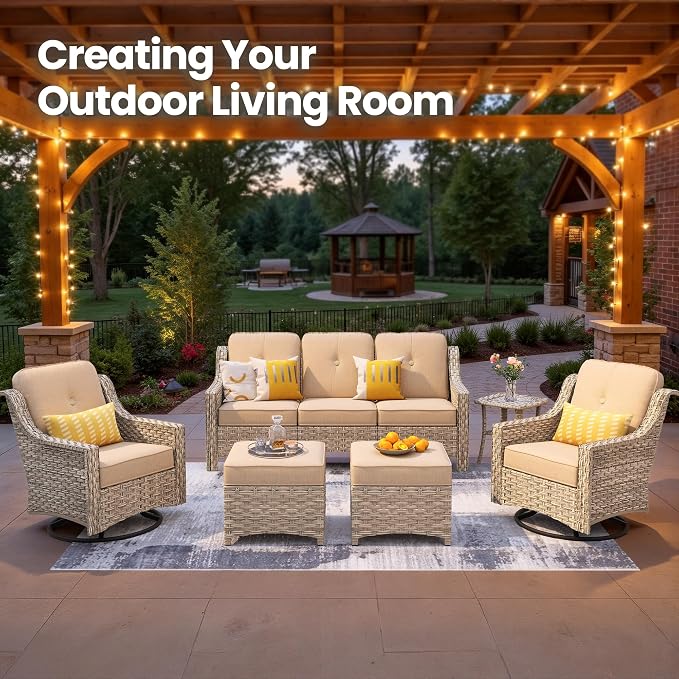 6 Piece Patio Furniture Set with Swivel Rocker Chairs, Outdoor Wicker High Back Sofa Glider Chair Ottoman with Cushion, All Weather Conversation Sets for Backyard Poolside Deck Beige