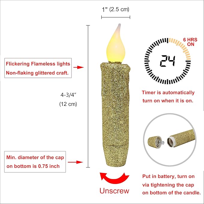 CVHOMEDECO. Glitter Flameless Candles Flickering Battery Operated LED Taper Candles with Timer for Home, Wedding, Halloween, Christmas Decor. Gold, 4-3/4 Inch, Set of 3