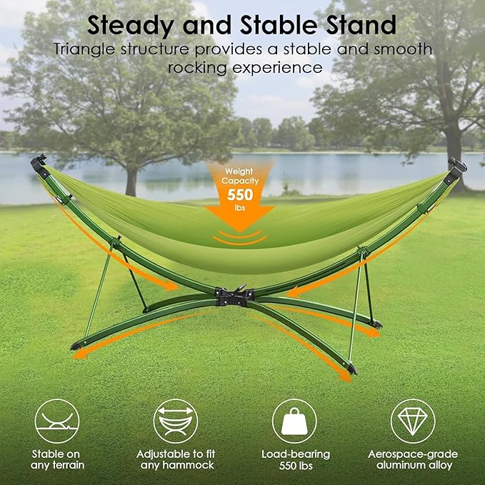 Portable Hammock with Quick Setup Folding Stand & Adjustable Sunshade Canopy & Storage Bag, Adult/Child Hammock Chair, for Camping Home Garden Hotel Outside Beach Forest (Green)