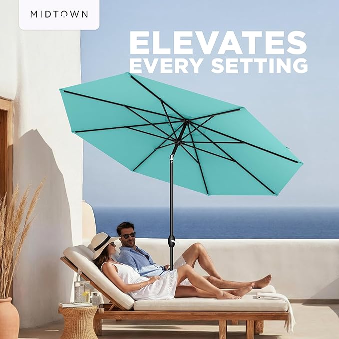 Midtown Umbrellas – The Lean 8 Ft Patio Umbrella with 10-Year-No-Fade Acrylast Acrylic Fabric, Auto-Tilt and 8 Reinforced Ribs for Deck, Pool, Garden, Hotel & Cafes – Azure Canopy, Black Pole