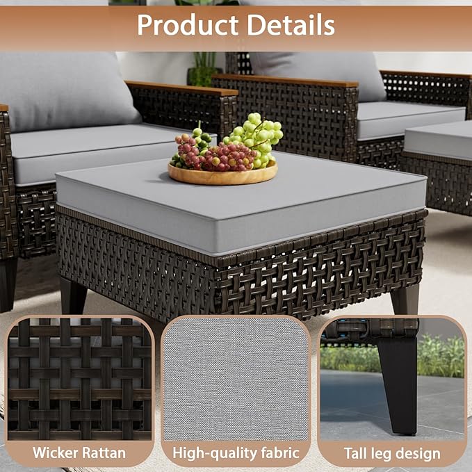 7 Piece Patio Sectional Sofa Furniture Set, All-Weather Wicker Rattan Outdoor Conversation Set with High Back and Thick Cushions, for Garden, Porch, Poolside, Gray