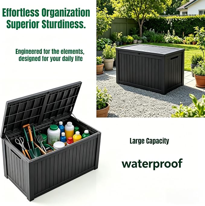 MAKINO 197 Gallon Large Resin Outdoor Storage Box, Waterproof Deck Box, Lockable Deck Container with Reinforced Support, Outdoor Chest for Patio Accessories, Outdoor Cushions, Garden Tools, Black