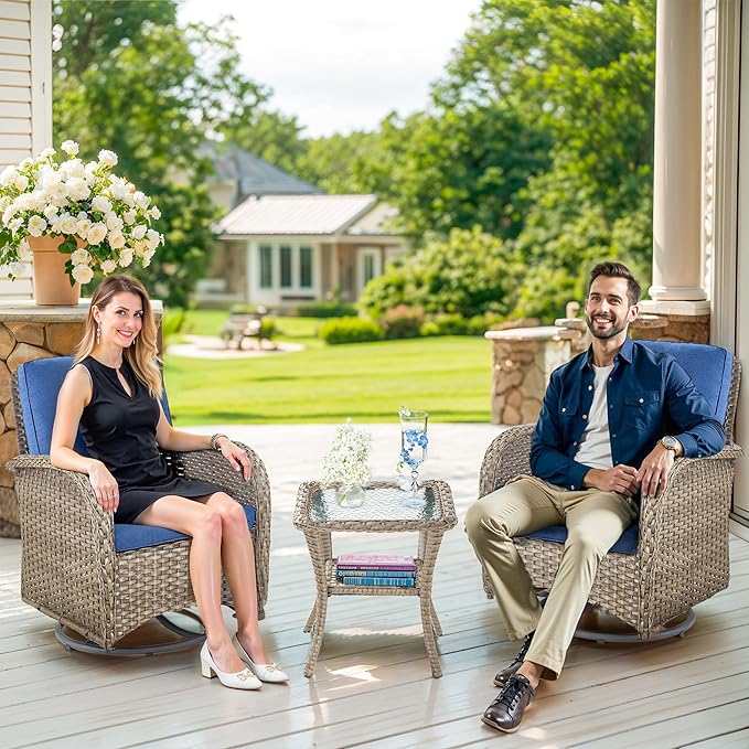 Outdoor Swivel Glider Rocker Chairs - 3 Piece Wicker Patio Furniture Set, All Weather Patio Bistro Sets with Glass Side Table for Balcony Porch Deck Backyard - Grey Wicker Blue Cushion