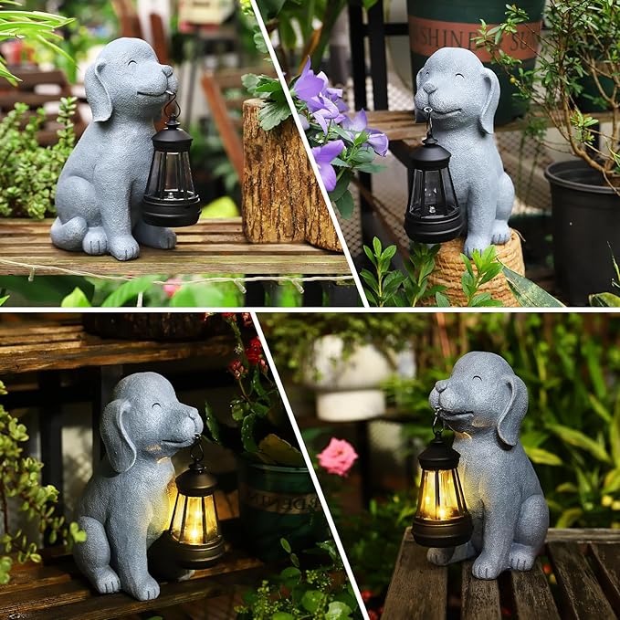 Solar Dog Garden Statue with Lantern, Outdoor Waterproof Dog Figurine Decor for Patio Yard Lawn, Birthday Garden Gifts for Women Mom Grandma, Housewarming Gift New Home