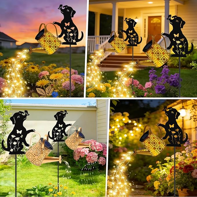 VOOKRY Solar Watering Can Lights Outdoor with Dog Silhouette Stake, Garden Gifts for Mom, Women & Garden Lovers Waterproof Metal Garden Lantern, Decorative Yard Patio Lawn Pathway Decor(1 Pack)