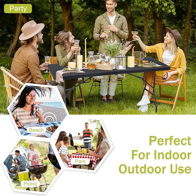 Portable Folding Table 6ft Heavy Duty Plastic Foldable Table with Carrying Handle Outdoor Indoor Plastic Dining Table for Camping and Party Picnic, Black