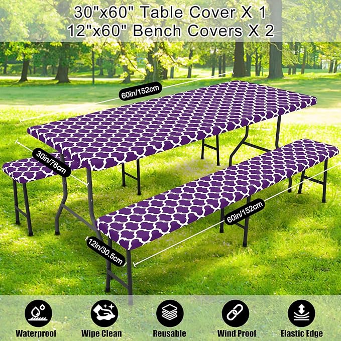 Smiry Picnic Table Cover with Bench Covers, Waterproof Elastic Fitted Tablecloth for 5 Foot Tables, Washable Polyester Tablecloths for Camping, Indoor & Outdoor (Purple, 30x60 Inch 3-pc Set)