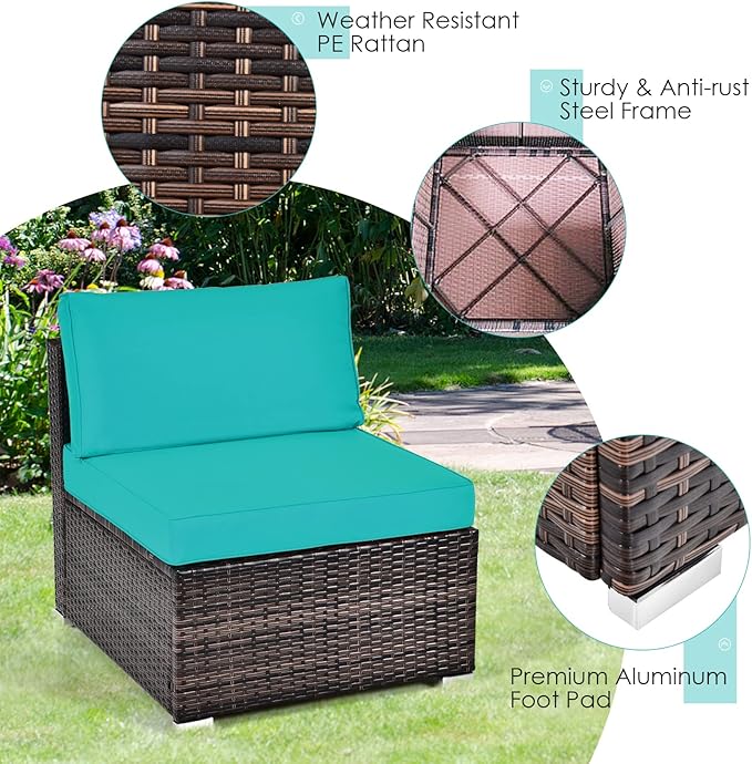 RELAX4LIFE 8-Piece Patio Furniture Set - Rattan Wicker Sectional Sofa Set w/Cushions, 32’’ Outdoor Gas Propane Fire Pit Table & Tank Holder, 40000 BTU Heat Output, PVC Cover for Firepit (Turquoise)